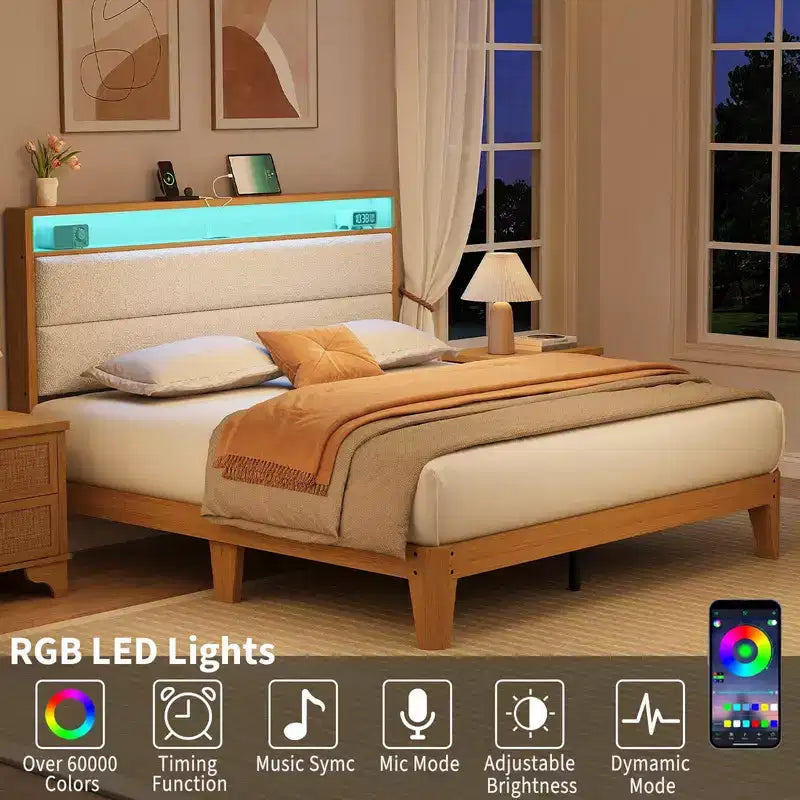 Lit rembourré Coolmee en bouclette avec éclairage LED RVB et station de recharge, tête de lit de rangement à 2 niveaux et support robuste à lattes en bois