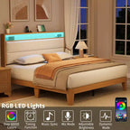 Lit rembourré Coolmee en bouclette avec éclairage LED RVB et station de recharge, tête de lit de rangement à 2 niveaux et support robuste à lattes en bois