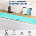 Lit rembourré Coolmee en bouclette avec éclairage LED RVB et station de recharge, tête de lit de rangement à 2 niveaux et support robuste à lattes en bois