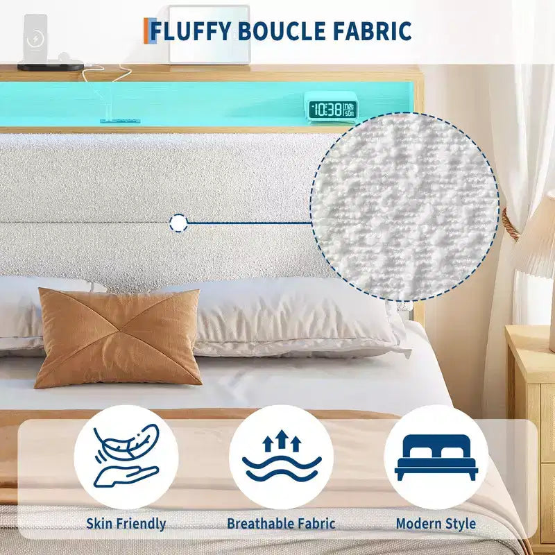 Lit rembourré Coolmee en bouclette avec éclairage LED RVB et station de recharge, tête de lit de rangement à 2 niveaux et support robuste à lattes en bois