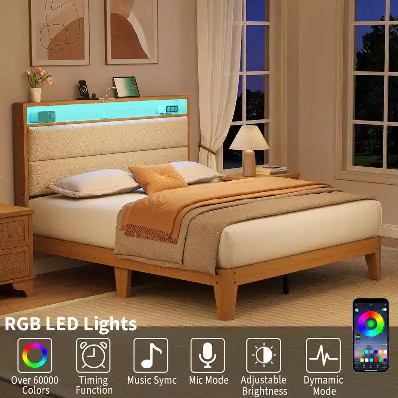 Lit rembourré Coolmee en bouclette avec éclairage LED RVB et station de recharge, tête de lit de rangement à 2 niveaux et support robuste à lattes en bois