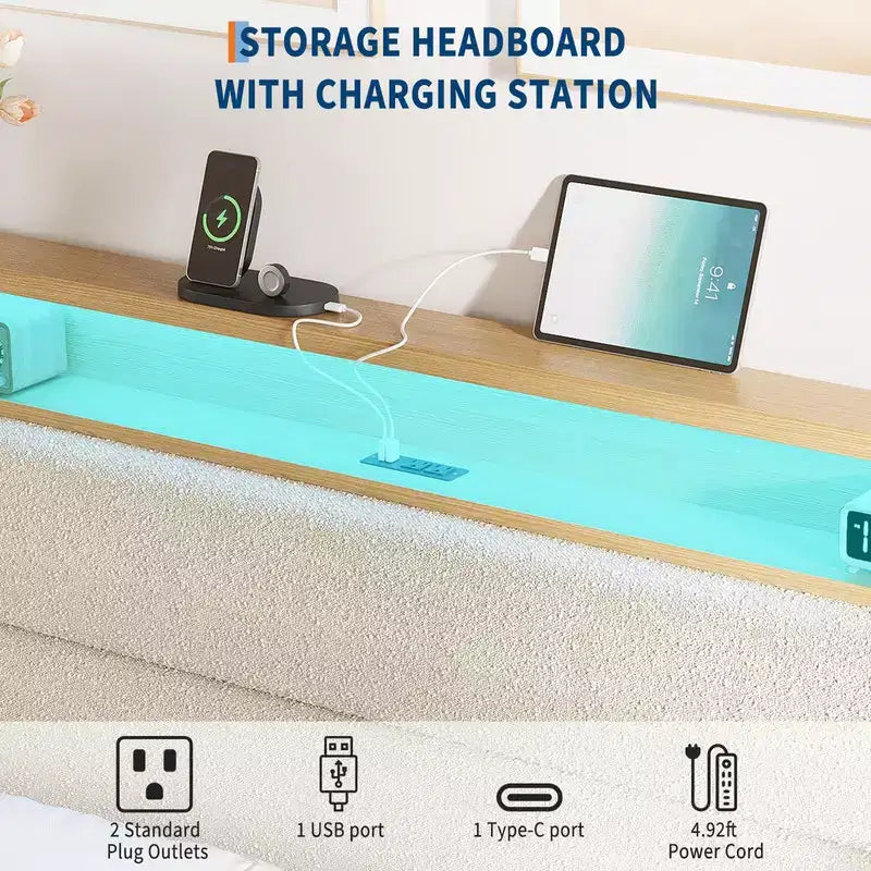 Lit rembourré Coolmee en bouclette avec éclairage LED RVB et station de recharge, tête de lit de rangement à 2 niveaux et support robuste à lattes en bois