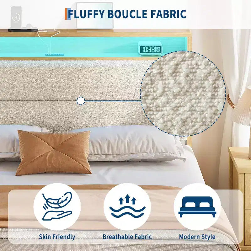 Lit rembourré Coolmee en bouclette avec éclairage LED RVB et station de recharge, tête de lit de rangement à 2 niveaux et support robuste à lattes en bois