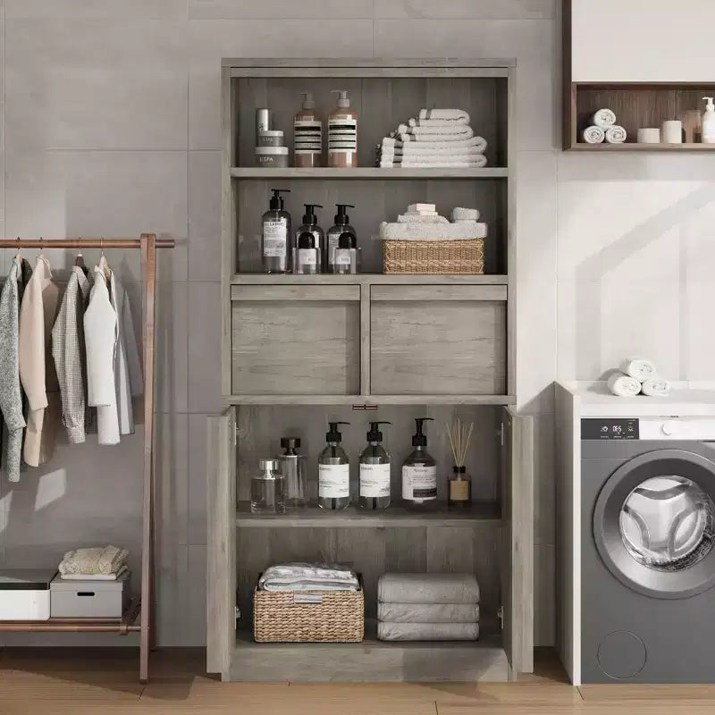 Meuble haut de salle de bain, Meuble de rangement au sol avec portes et 2 tiroirs, Meuble de rangement autoportant de 130 cm de hauteur pour salle de bain, salon, cuisine