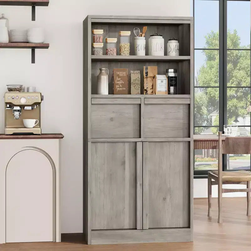 Meuble haut de salle de bain, Meuble de rangement au sol avec portes et 2 tiroirs, Meuble de rangement autoportant de 130 cm de hauteur pour salle de bain, salon, cuisine
