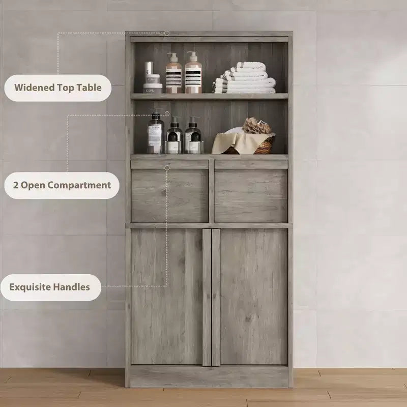 Meuble haut de salle de bain, Meuble de rangement au sol avec portes et 2 tiroirs, Meuble de rangement autoportant de 130 cm de hauteur pour salle de bain, salon, cuisine