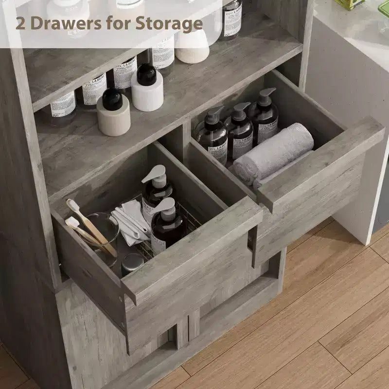 Meuble haut de salle de bain, Meuble de rangement au sol avec portes et 2 tiroirs, Meuble de rangement autoportant de 130 cm de hauteur pour salle de bain, salon, cuisine
