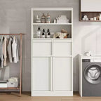 Meuble haut de salle de bain, Meuble de rangement au sol avec portes et 2 tiroirs, Meuble de rangement autoportant de 130 cm de hauteur pour salle de bain, salon, cuisine