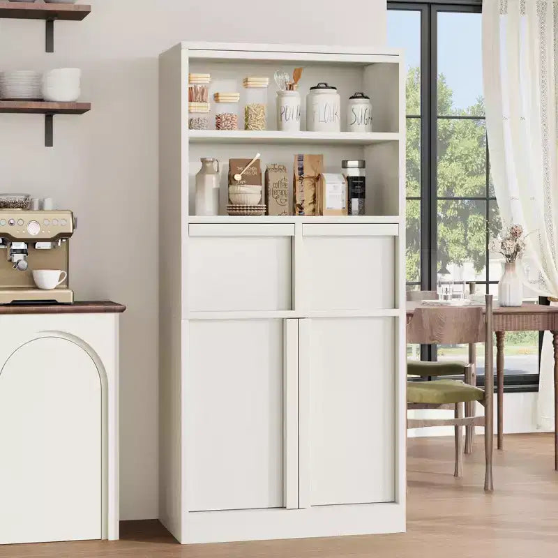 Meuble haut de salle de bain, Meuble de rangement au sol avec portes et 2 tiroirs, Meuble de rangement autoportant de 130 cm de hauteur pour salle de bain, salon, cuisine