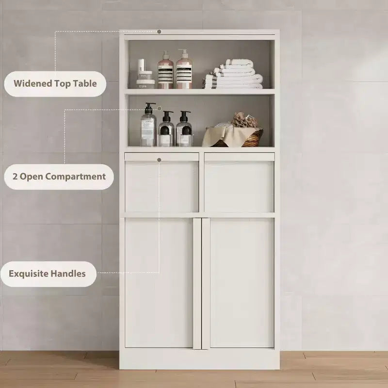 Meuble haut de salle de bain, Meuble de rangement au sol avec portes et 2 tiroirs, Meuble de rangement autoportant de 130 cm de hauteur pour salle de bain, salon, cuisine