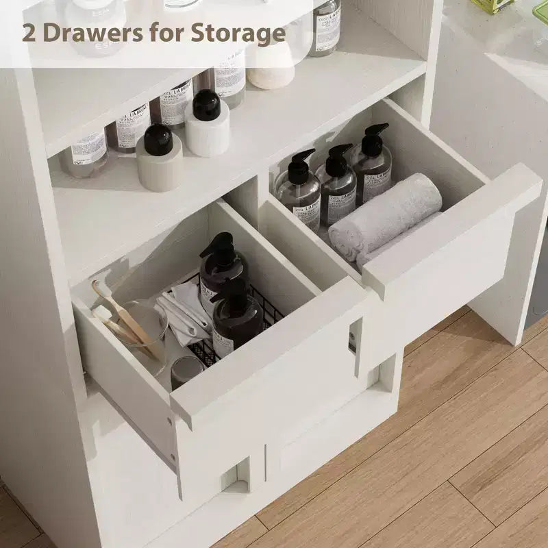 Meuble haut de salle de bain, Meuble de rangement au sol avec portes et 2 tiroirs, Meuble de rangement autoportant de 130 cm de hauteur pour salle de bain, salon, cuisine