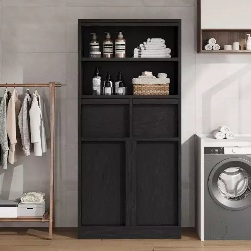 Meuble haut de salle de bain, Meuble de rangement au sol avec portes et 2 tiroirs, Meuble de rangement autoportant de 130 cm de hauteur pour salle de bain, salon, cuisine