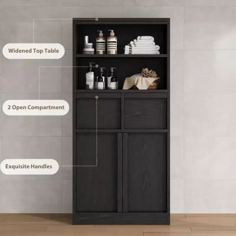 Meuble haut de salle de bain, Meuble de rangement au sol avec portes et 2 tiroirs, Meuble de rangement autoportant de 130 cm de hauteur pour salle de bain, salon, cuisine