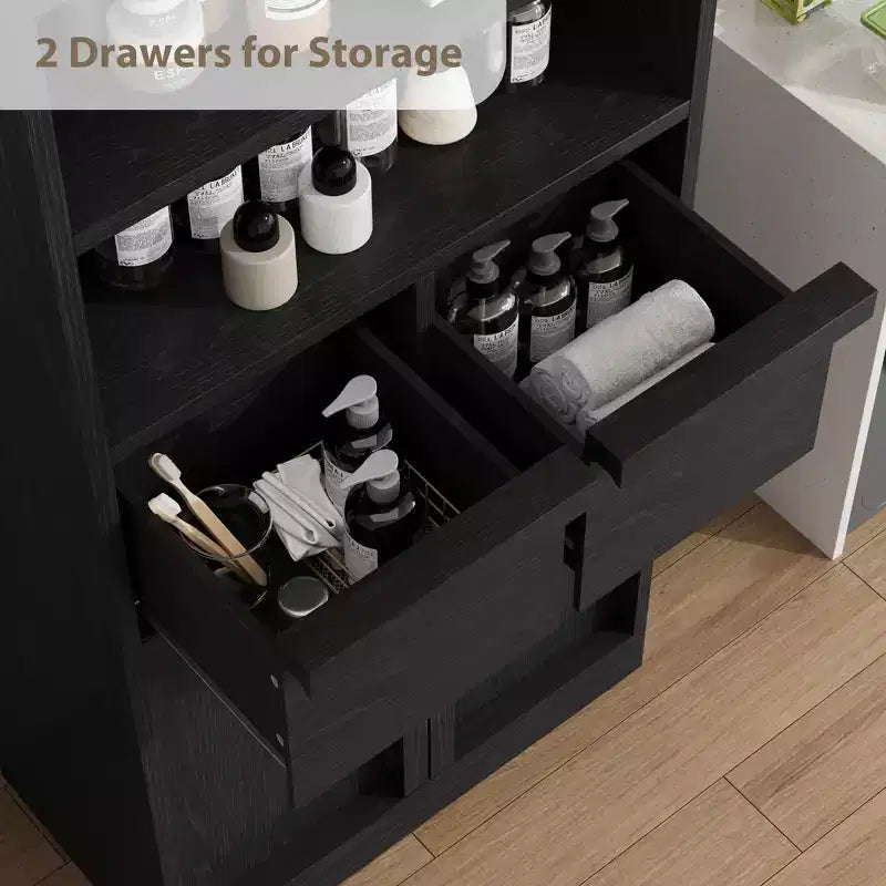 Meuble haut de salle de bain, Meuble de rangement au sol avec portes et 2 tiroirs, Meuble de rangement autoportant de 130 cm de hauteur pour salle de bain, salon, cuisine