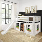 Twin Over Twin Low Bunk With Easy Slide & Black & White Farmhouse Curtain