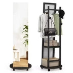 Costway Coat Rack with Full Length Mirror, 3 Hooks & Storage Shelves, 360 Swivel Wheels Browm/Natural/Black & Walnut