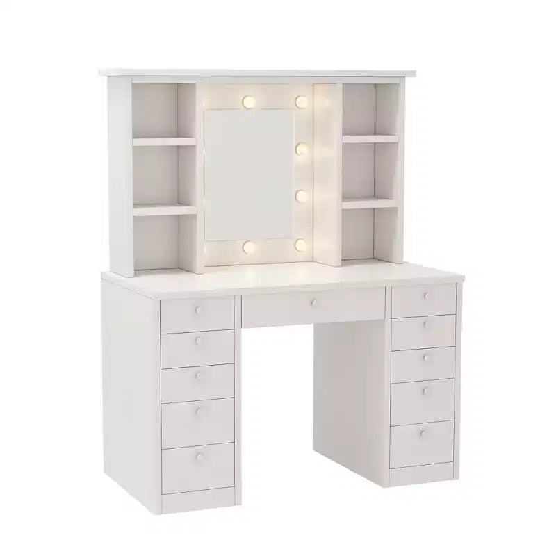 Coiffeuse avec 11 tiroirs, table de chevet avec miroir LED à luminosité réglable par contrôle tactile, câblage dissimulé