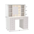 Coiffeuse avec 11 tiroirs, table de chevet avec miroir LED à luminosité réglable par contrôle tactile, câblage dissimulé