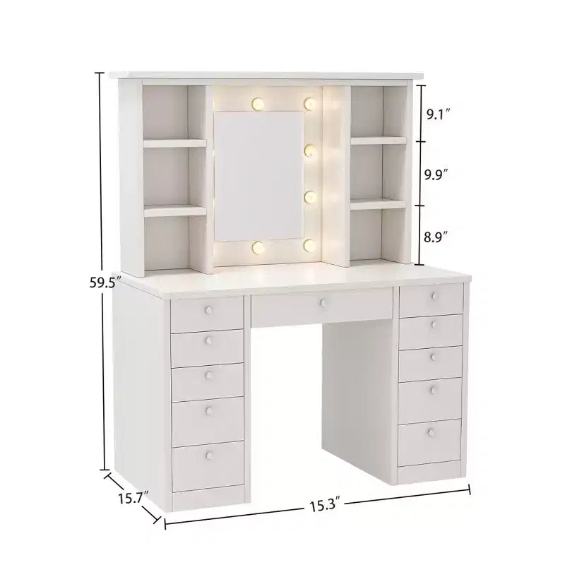 Coiffeuse avec 11 tiroirs, table de chevet avec miroir LED à luminosité réglable par contrôle tactile, câblage dissimulé