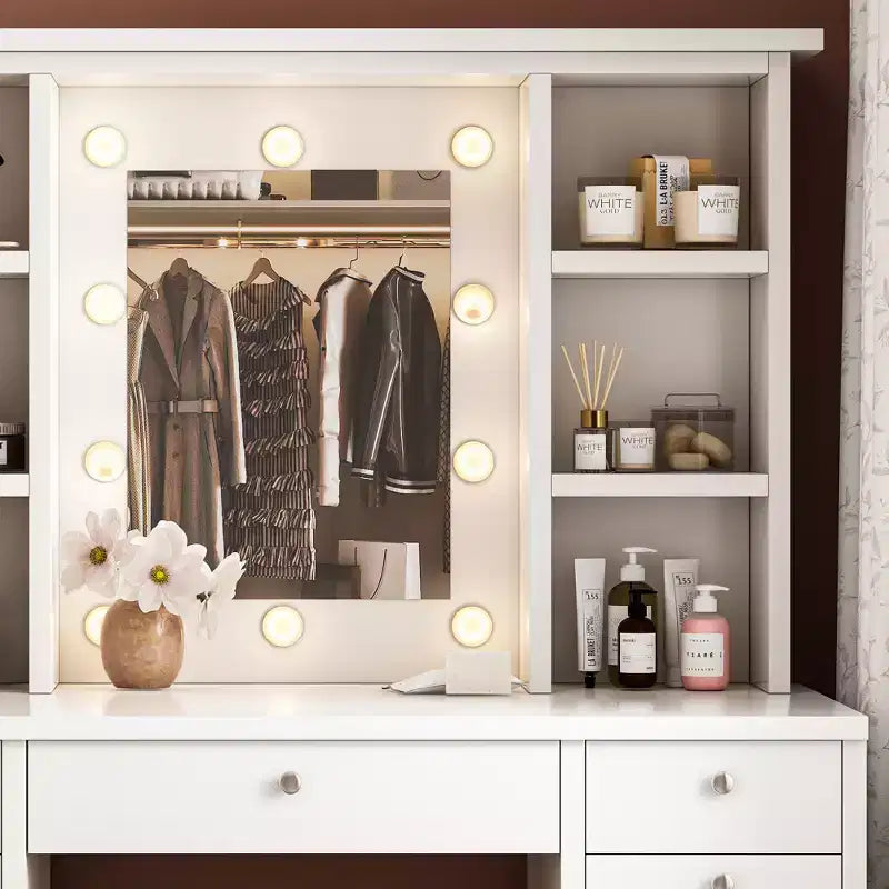 Coiffeuse avec 11 tiroirs, table de chevet avec miroir LED à luminosité réglable par contrôle tactile, câblage dissimulé