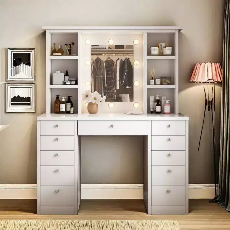 Coiffeuse avec 11 tiroirs, table de chevet avec miroir LED à luminosité réglable par contrôle tactile, câblage dissimulé