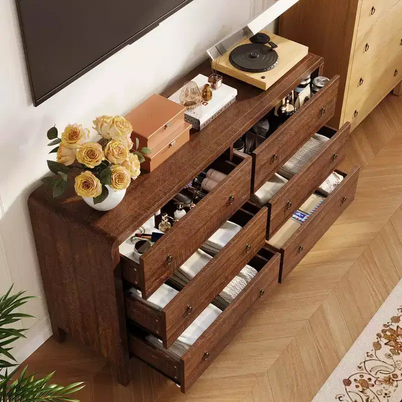 Commode COZONY 6/7 tiroirs pour chambre à coucher, commode en bois avec poignées en métal, commode de rangement pour salon et meuble TV