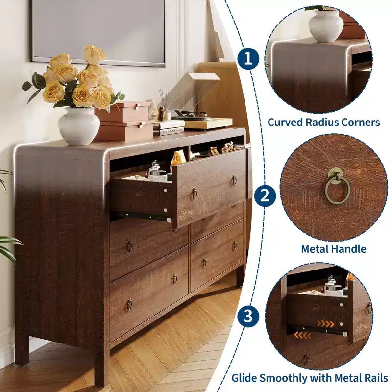 Commode COZONY 6/7 tiroirs pour chambre à coucher, commode en bois avec poignées en métal, commode de rangement pour salon et meuble TV