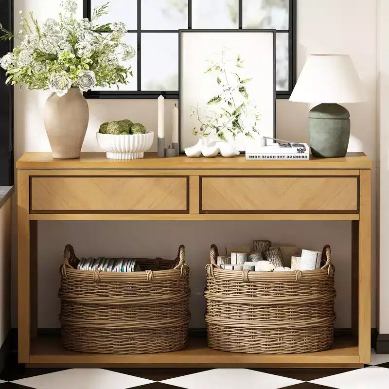 Console rustique avec rangement, table d'entrée de style fermier avec tiroirs et étagère ouverte, table de canapé vintage en bois pour couloir