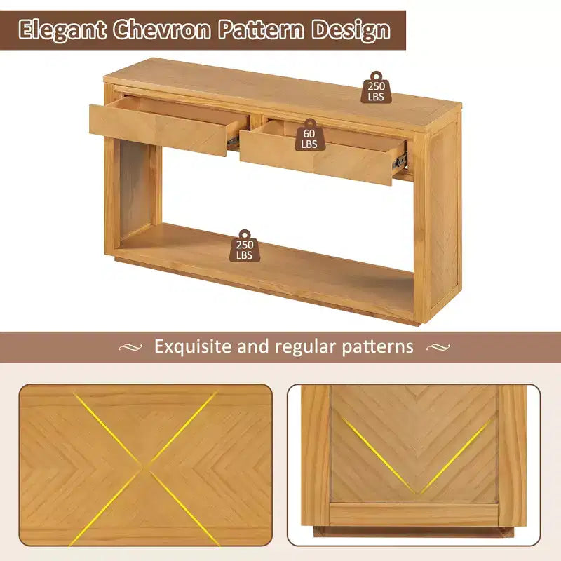 Console rustique avec rangement, table d'entrée de style fermier avec tiroirs et étagère ouverte, table de canapé vintage en bois pour couloir