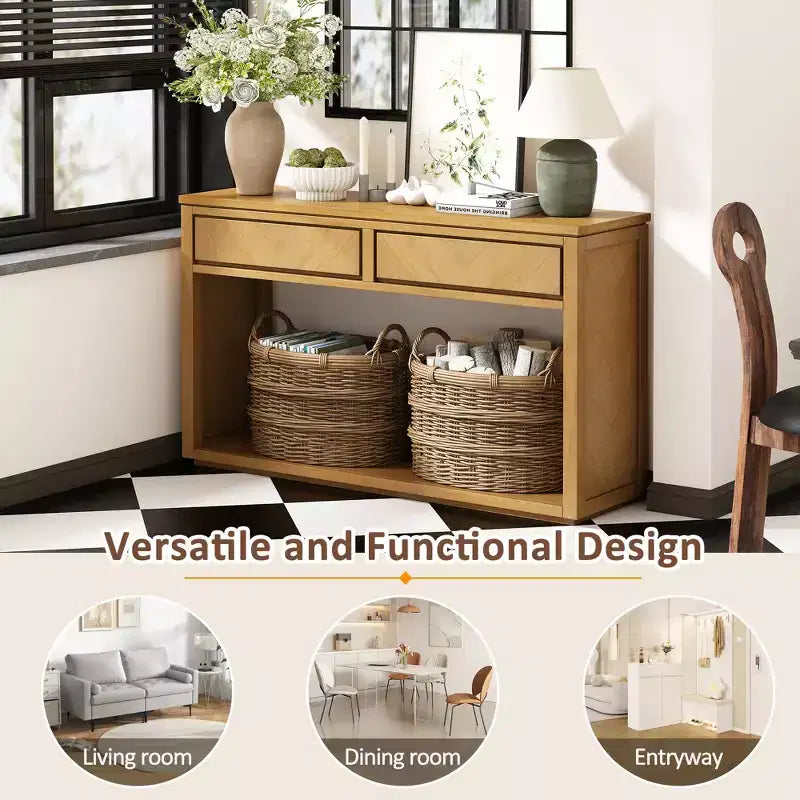 Console rustique avec rangement, table d'entrée de style fermier avec tiroirs et étagère ouverte, table de canapé vintage en bois pour couloir
