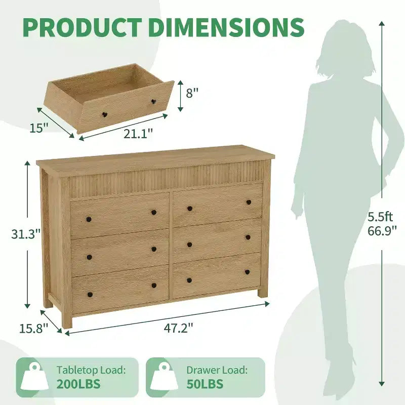 Commode 6 tiroirs COZONY avec motif cannelé, meuble de rangement moderne en bois pour chambre à coucher, salon et entrée