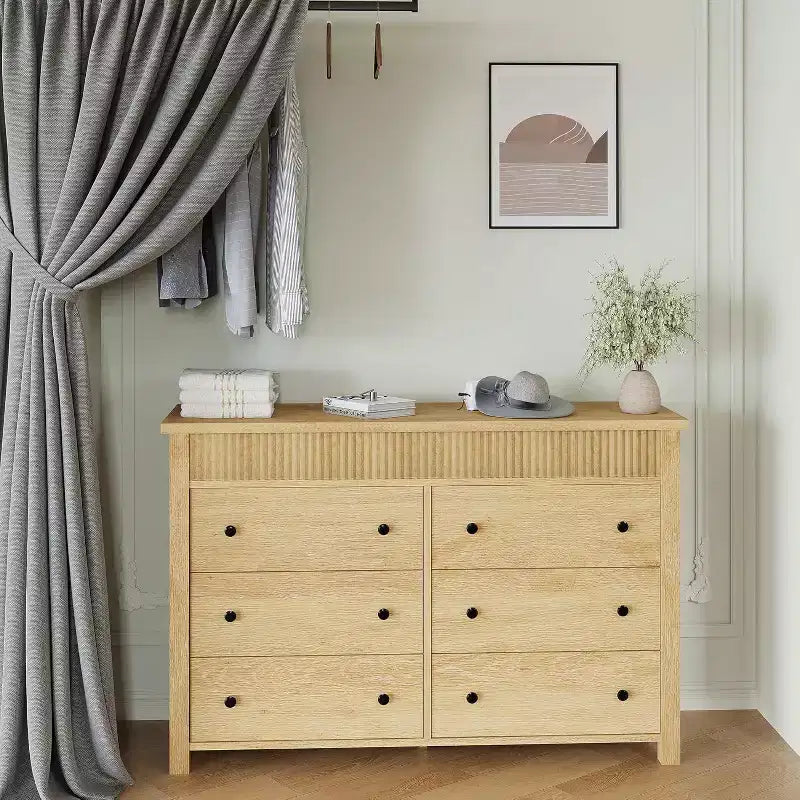 Commode 6 tiroirs COZONY avec motif cannelé, meuble de rangement moderne en bois pour chambre à coucher, salon et entrée