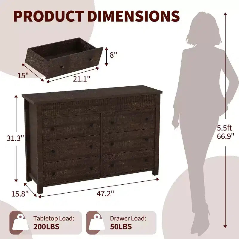 Commode 6 tiroirs COZONY avec motif cannelé, meuble de rangement moderne en bois pour chambre à coucher, salon et entrée