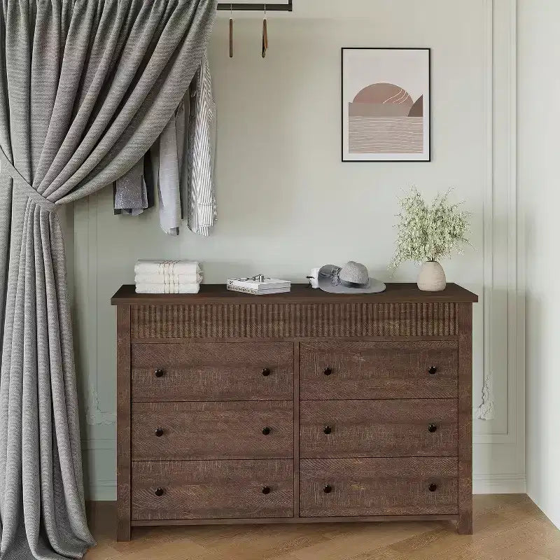 Commode 6 tiroirs COZONY avec motif cannelé, meuble de rangement moderne en bois pour chambre à coucher, salon et entrée