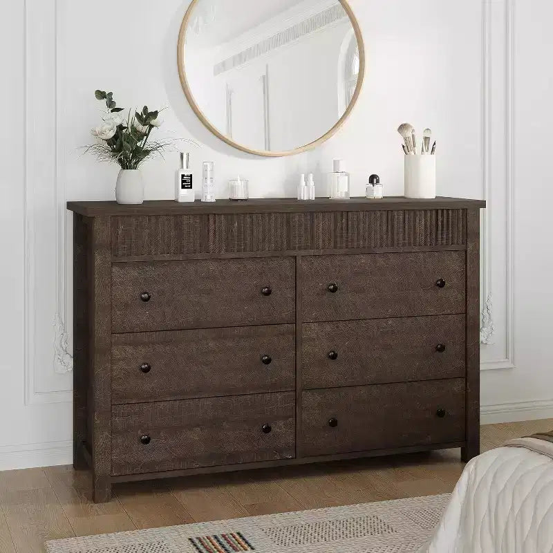 Commode 6 tiroirs COZONY avec motif cannelé, meuble de rangement moderne en bois pour chambre à coucher, salon et entrée