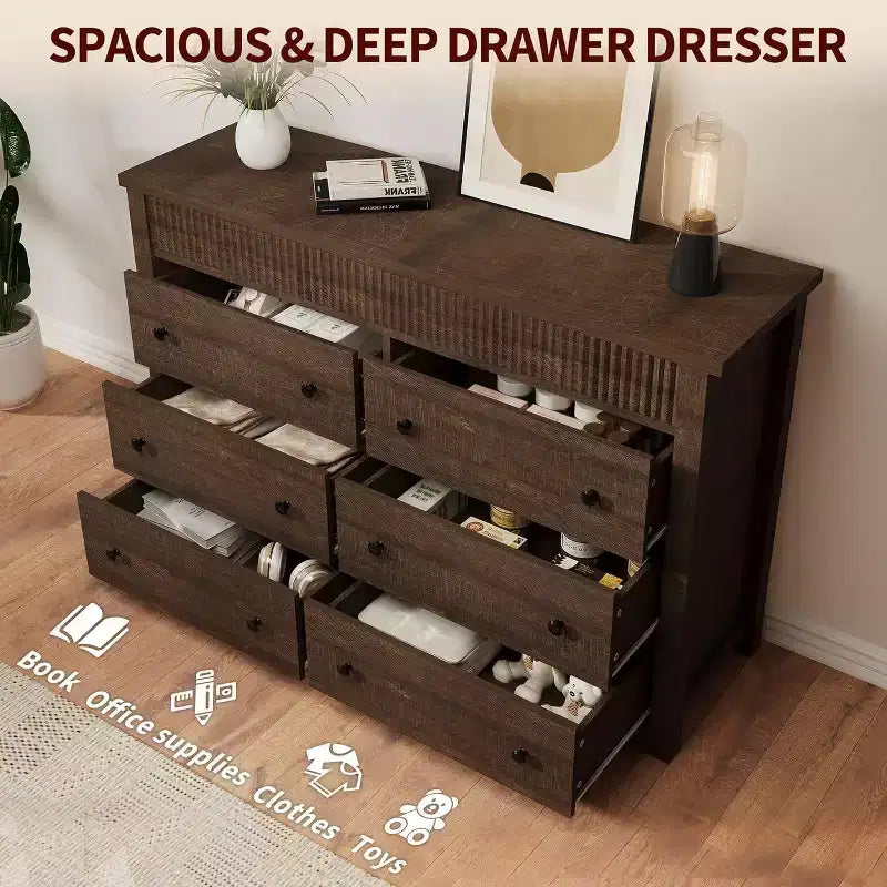 Commode 6 tiroirs COZONY avec motif cannelé, meuble de rangement moderne en bois pour chambre à coucher, salon et entrée