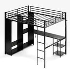Queen Size Loft Bed with Desk and Storage Shelves, Metal Gaming Loft Bed Queen with Hanging Rod, Wardrobe, Guardrail and Ladder, Space Saving Design