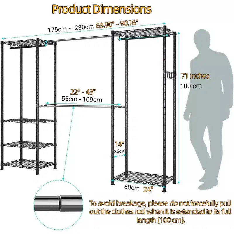 Homdox Portant à Vêtements Robuste 395 kg - Tige Extensible, Organisateur de Vêtements Portable Ajustable, Système de Placard Autoportant 35Dx229Wx180H Noir