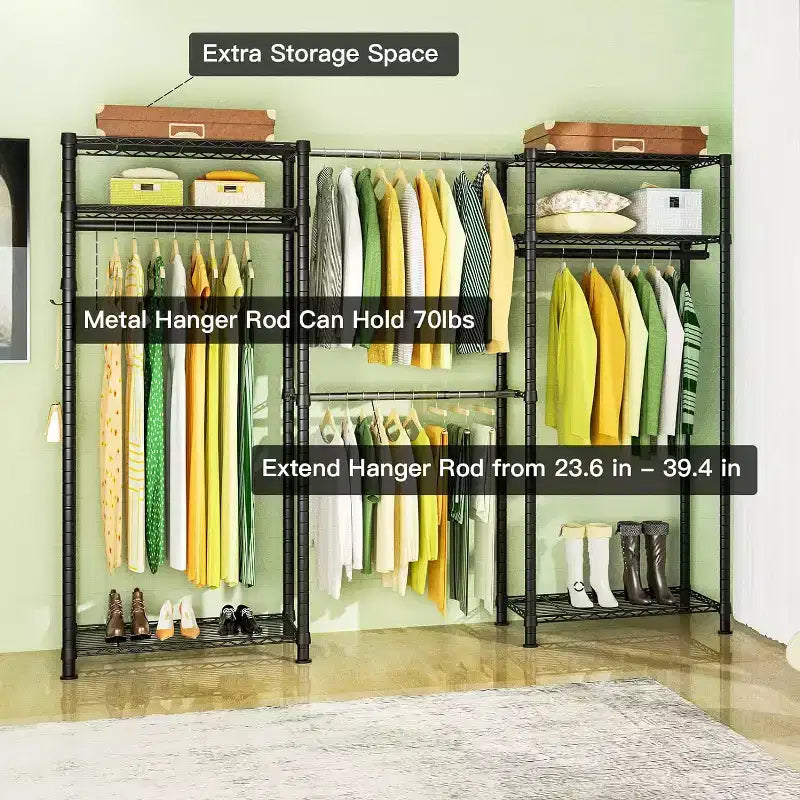 Homdox Portant à Vêtements Robuste 395 kg - Tige Extensible, Organisateur de Vêtements Portable Ajustable, Système de Placard Autoportant 35Dx229Wx180H Noir