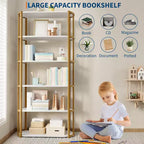 Étagère à 6 niveaux en bois industrielle de 180 cm de haut, cadre métallique, grande bibliothèque ouverte pour chambre à coucher, salon, bureau, blanc et or