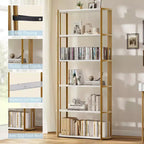 Étagère à 6 niveaux en bois industrielle de 180 cm de haut, cadre métallique, grande bibliothèque ouverte pour chambre à coucher, salon, bureau, blanc et or