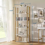 Étagère à 6 niveaux en bois industrielle de 180 cm de haut, cadre métallique, grande bibliothèque ouverte pour chambre à coucher, salon, bureau, blanc et or