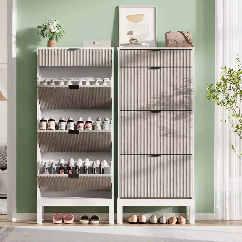3 tiroirs abattants et 1 petit tiroir, meuble à chaussures, étagère à chaussures étroite en bois avec pieds en métal pour l'entrée