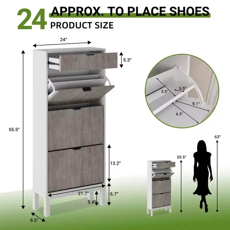 3 tiroirs abattants et 1 petit tiroir, meuble à chaussures, étagère à chaussures étroite en bois avec pieds en métal pour l'entrée