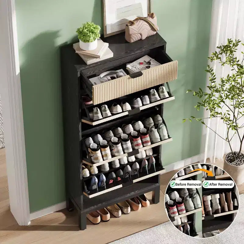 3 tiroirs abattants et 1 petit tiroir, meuble à chaussures, étagère à chaussures étroite en bois avec pieds en métal pour l'entrée
