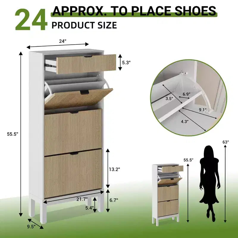 3 tiroirs abattants et 1 petit tiroir, meuble à chaussures, étagère à chaussures étroite en bois avec pieds en métal pour l'entrée