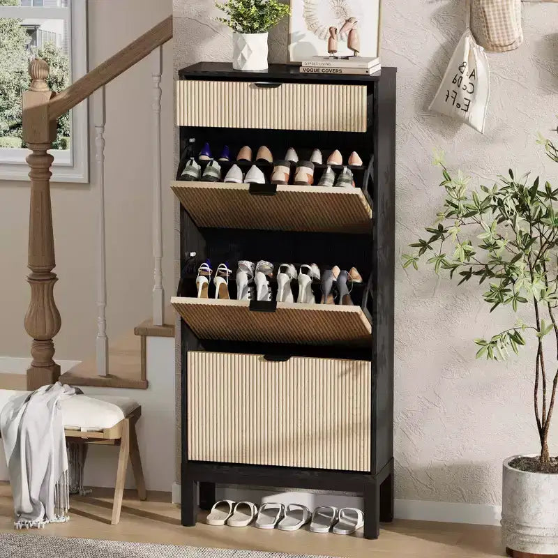 3 tiroirs abattants et 1 petit tiroir, meuble à chaussures, étagère à chaussures étroite en bois avec pieds en métal pour l'entrée