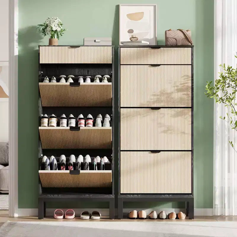 3 tiroirs abattants et 1 petit tiroir, meuble à chaussures, étagère à chaussures étroite en bois avec pieds en métal pour l'entrée