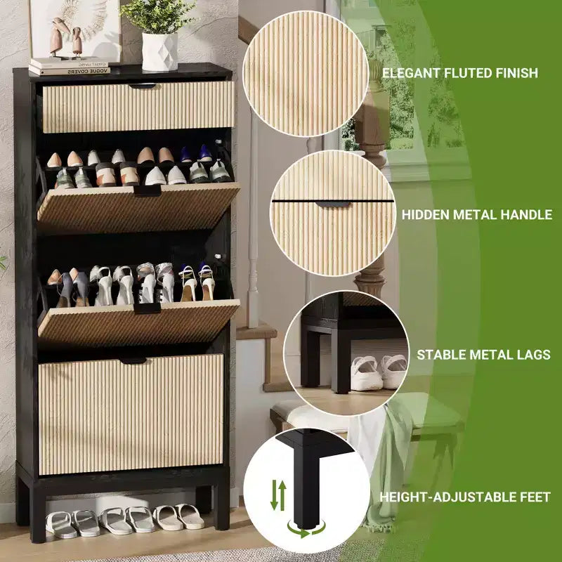 3 tiroirs abattants et 1 petit tiroir, meuble à chaussures, étagère à chaussures étroite en bois avec pieds en métal pour l'entrée