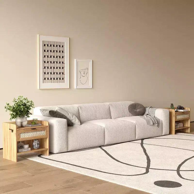 COZONY Table de Chevet en Rotin avec Station de Charge Type-C, Table de Chevet Bohème avec Tiroir et Compartiment Ouvert pour Chambre à Coucher